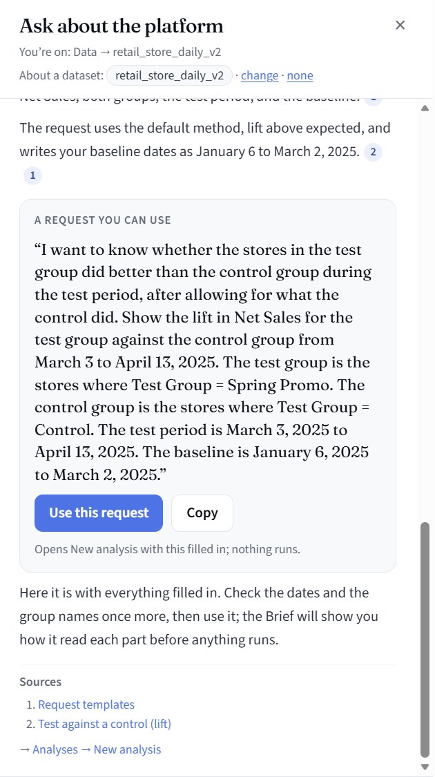 The assistant's finished request, with the measure, the test and control groups, the test period and the baseline filled in, and a “Use this request” button