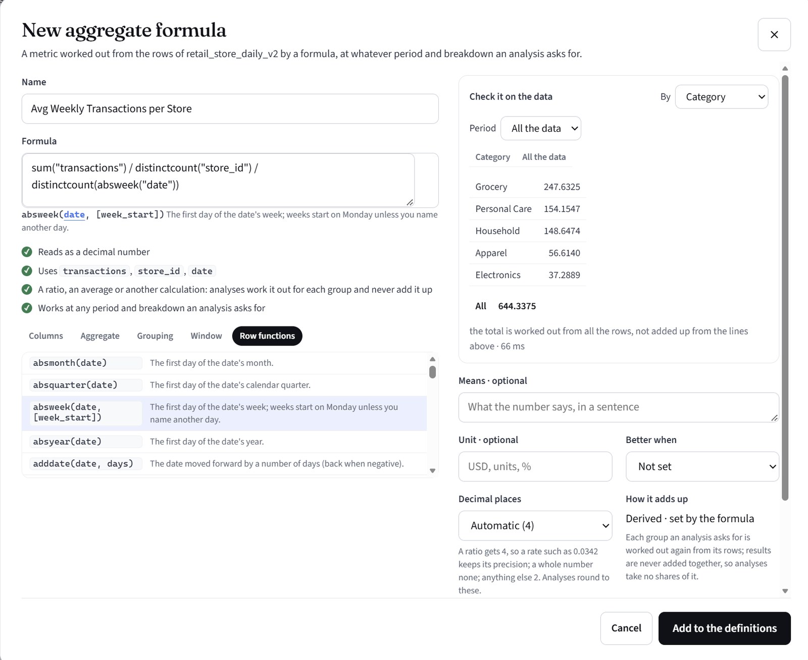 New aggregate formula: Avg Weekly Transactions per Store, its formula, the checks it passes, and a live check of it on the data by category